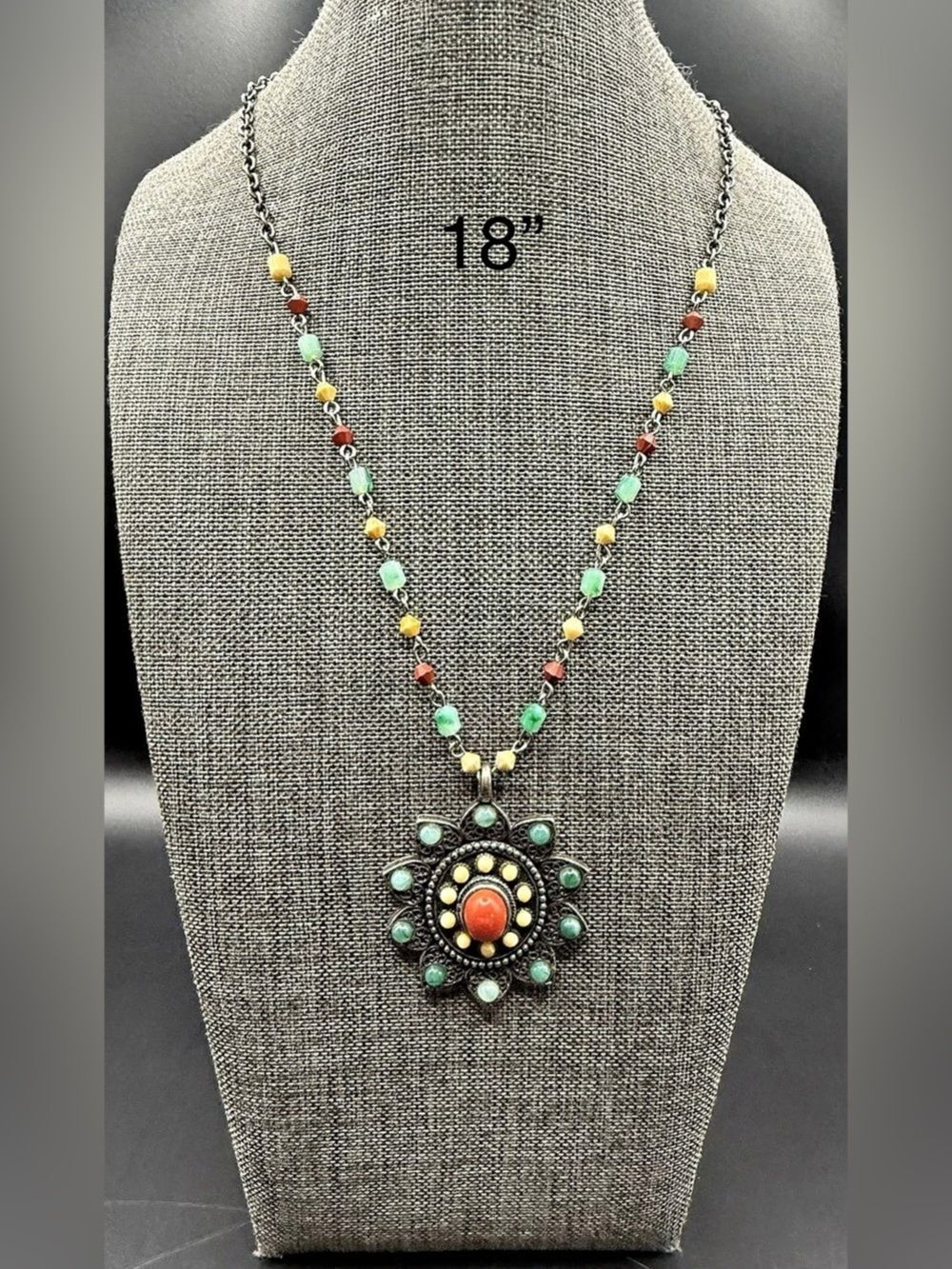 164. Southwestern Silver Tone Coral & Turquoise Color Beaded Mandala Pendant Nec